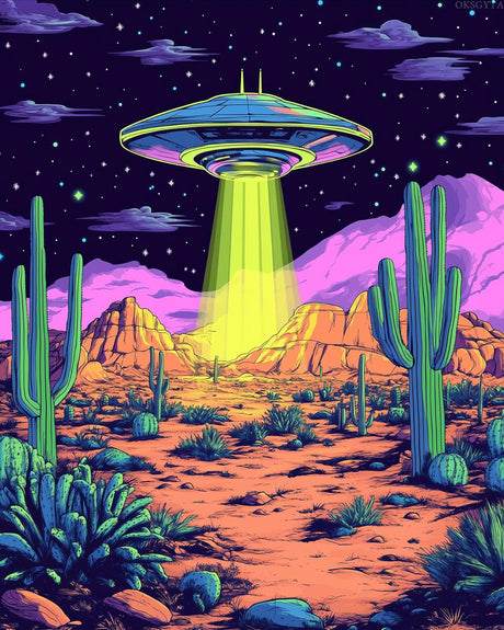 OKSGYTA UFO Paint by Number for Adults, Cactus Desert Scenery Oil Canvas Print Painting Paint by Numbers Kits, Home Office Funny Graffiti Wall Decor Print Color Landscape (16x20inch) No Frame OKSGYTA