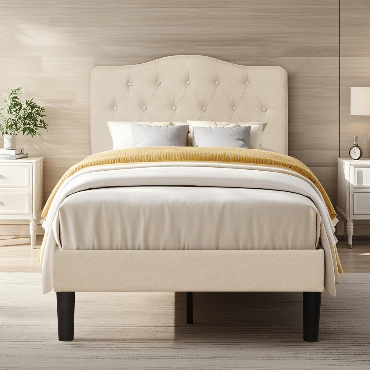 VECELO Twin Size Platform Bed Frame with Fabric Upholstered Headboard and Wooden Slats Support, No Box Spring Needed/Easy Assembly,Beige VECELO