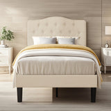 VECELO Twin Size Platform Bed Frame with Fabric Upholstered Headboard and Wooden Slats Support, No Box Spring Needed/Easy Assembly,Beige VECELO