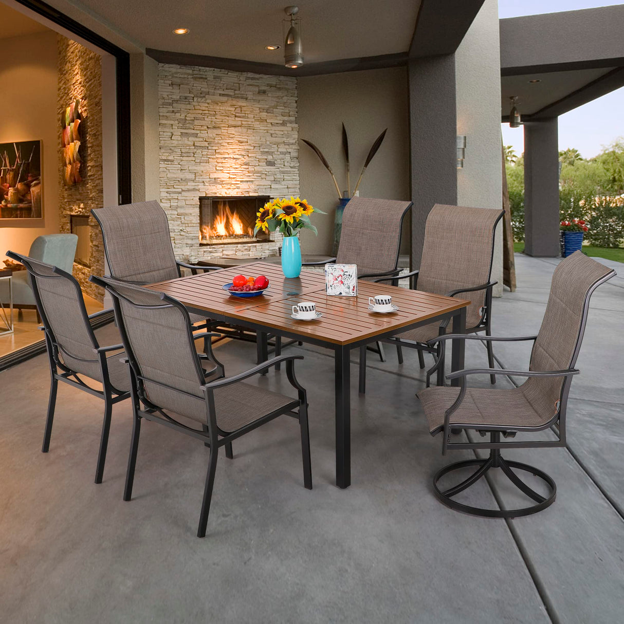 PHI VILLA 64" Rectangle Outdoor Dining Table, Patio Furniture Wood-Like Tabletop with Umbrella Hole for Patio Lawn Backyard Garden, Brown PHI VILLA