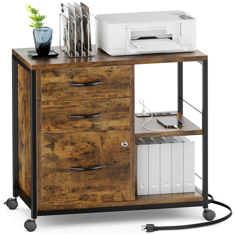 Lulive File Cabinet for Home Office, Filing Cabinet with Lock and USB Charging Port, 3 Drawer File Cabinet, Rolling File Cabinet with Storage for A4, Letter Size, Rustic Lulive