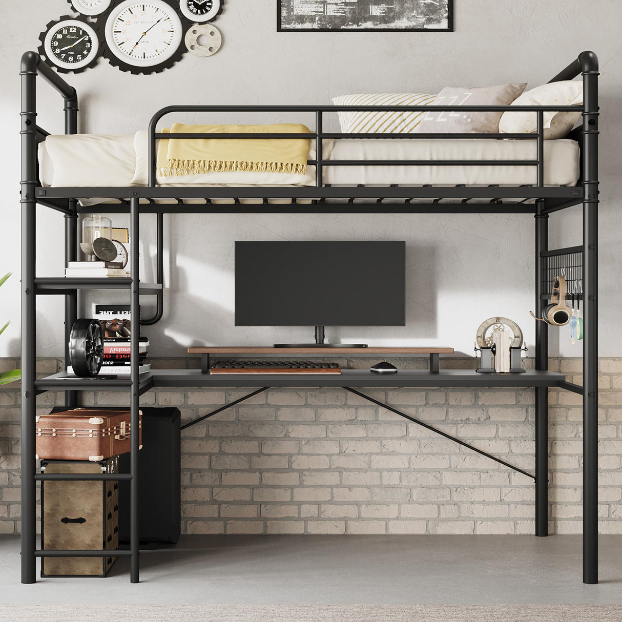 GarveeHome Loft Bunk Bed with L-Shaped Desk,Twin Loft Bed with Desk Underneath,Metal Bunk Beds with High Guardrail and Ladder for Kids/Teens/Adults,Easy Assembly, Vintage Black GarveeHome