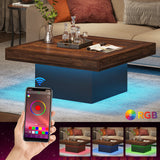 Tribesigns Coffee Table Square LED Coffee Table Engineered Wood Low Center Cocktail Tables for Living Room (Rustic Brown+Black) Tribesigns