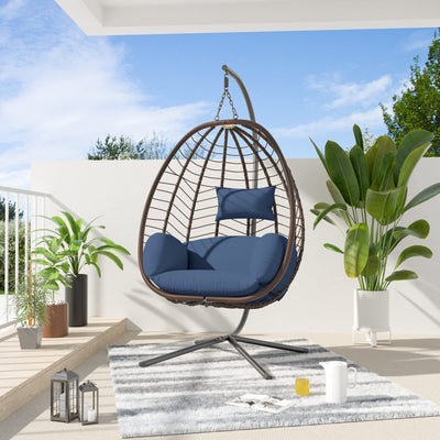 ALAULM Egg Swing Chair Outdoor Indoor Wicker Rattan Hanging Chair with Stand 350lbs Capacity w/Strong Frame & Dark Blue Cushions for Patio Balcony Bedroom