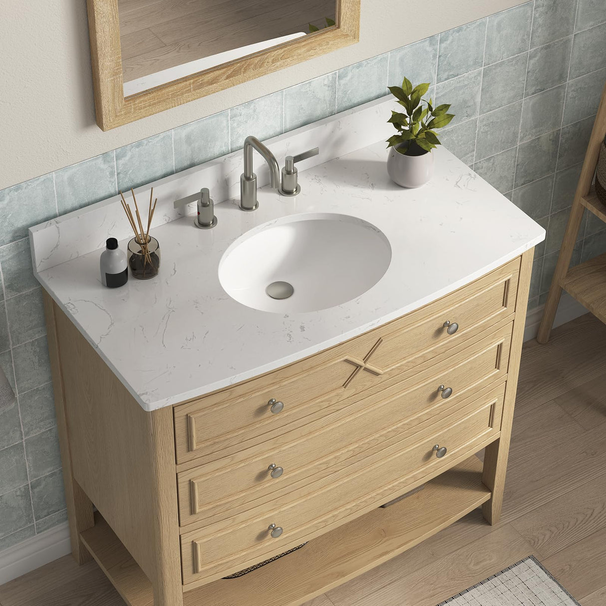 DELUXE LIVING 36 Inch Bathroom Vanity with Ceramic Sink,Fully Assembled Sink Cabinet with Countertop, Wood Frame Vanity with Soft-Closing Drawers & Adjustable Feet, Oak Wood DELUXE LIVING