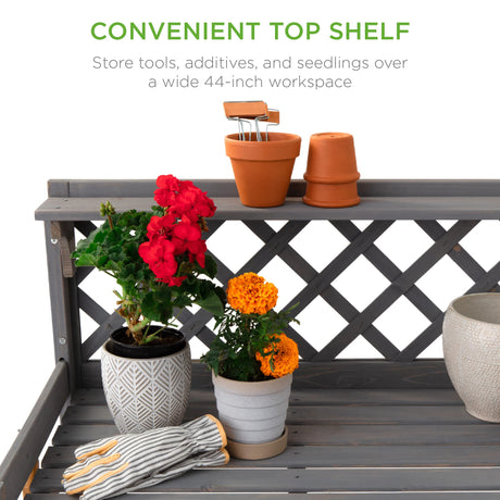 Best Choice Products Outdoor Garden Potting Bench, Wooden Workstation Table w/Cabinet Drawer, Open Shelf, Lower Storage, Lattice Back - Gray Best Choice Products