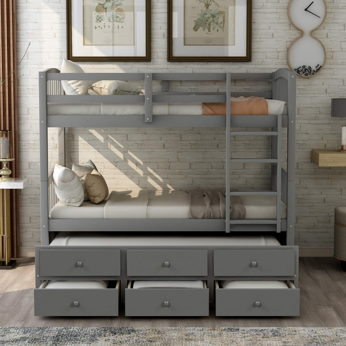 Harper&Bright Designs Twin Over Twin Bunk Bed with Twin Trundle Bed, 3 Storage Drawers, Safety Rail, and Ladder for Bedroom, Guest Room Furniture, Grey Harper & Bright Designs