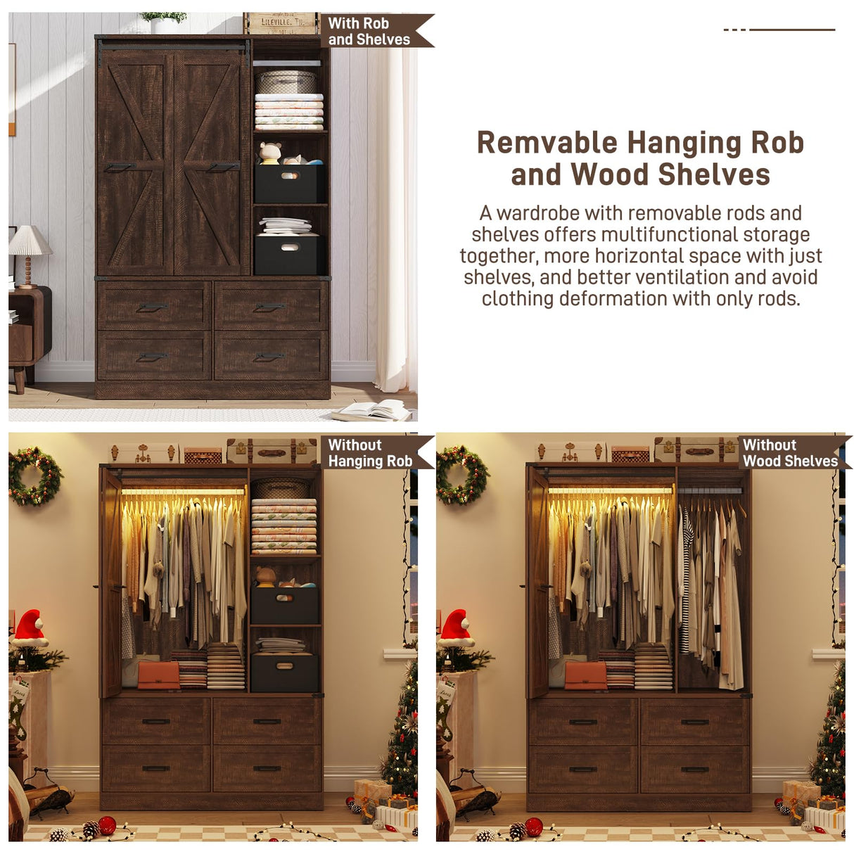 Farmhouse 3 Doors Armoire Wardrobe Closet w/Folding Sliding Barn Door and Lights, LED Armoire Closet w/Drawers for Bedroom, Freestanding Wooden Wardrobe Storage Closets w/Hanging Rod,Rustic Brown jiteentarou