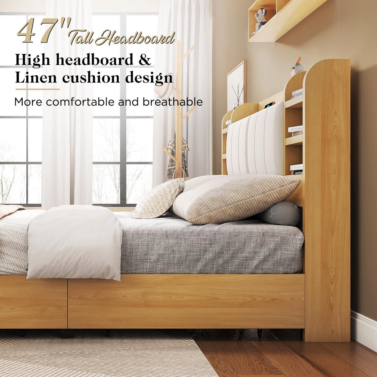 LUXOAK Queen Size Padded Upholstered Bed Frame with Headboard, Platform Bed Frame with 4 Storage Drawers & Private Storage, Bookcase Bed Frame with Charging Station, No Box Spring Needed, Maple LUXOAK