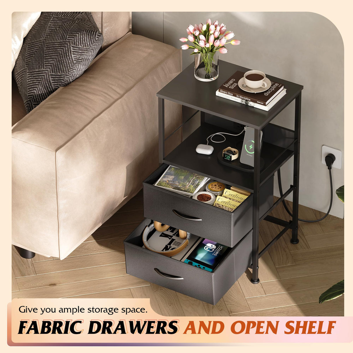 WLIVE Night Stand Set of 2 with Charger Station, Black Nightstand Sets with 2 Fabric Drawers and Storage Shelf, LED Bedside Table, Bedroom Small End Tables with 3 USB Ports and 2 AC Outlets WLIVE