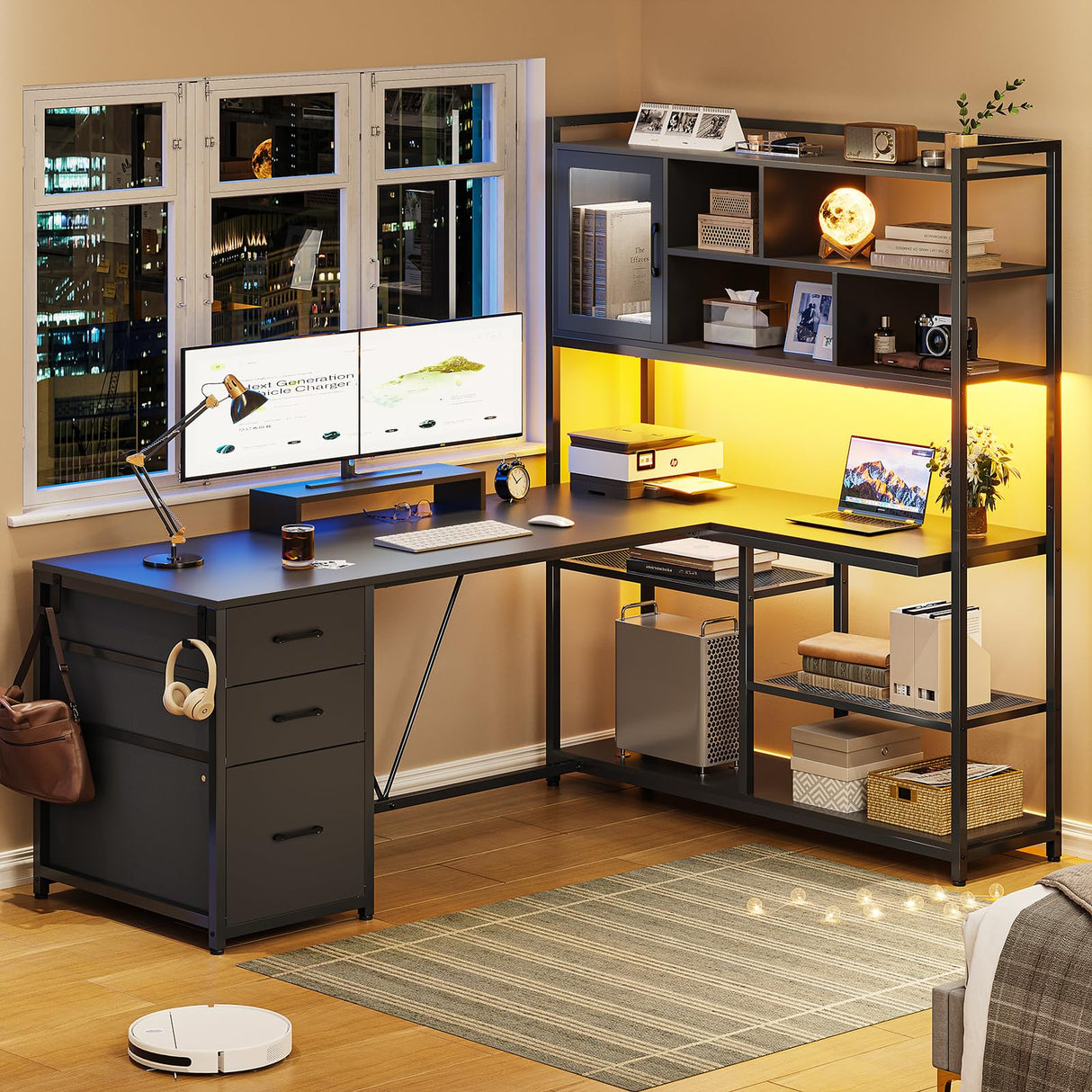 SEDETA L Shaped Computer Desk, 58'' Office Desk with 3 Drawers and Bookshelf, L Shaped Corner Desk with Storage Shelves and LED Light for Home Office, Gaming Desk, L Desk, Black SEDETA