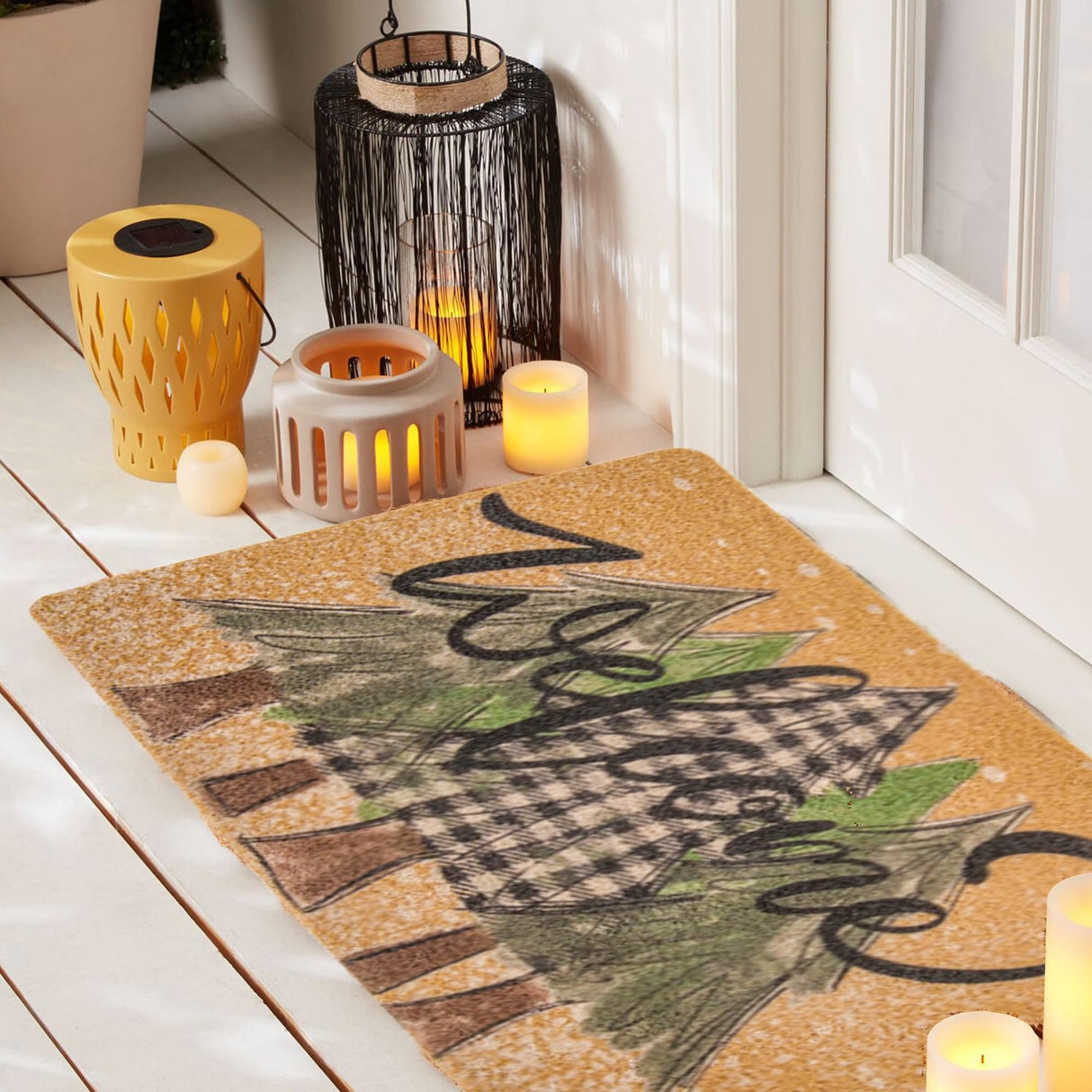 UTOWO Winter Xmas Welcome-Doormat Non-Slip Front-Door-Mats - Plaid Pine-Tree Snow Entrance Mat Porch Home Christmas Decor 17x29in UTOWO