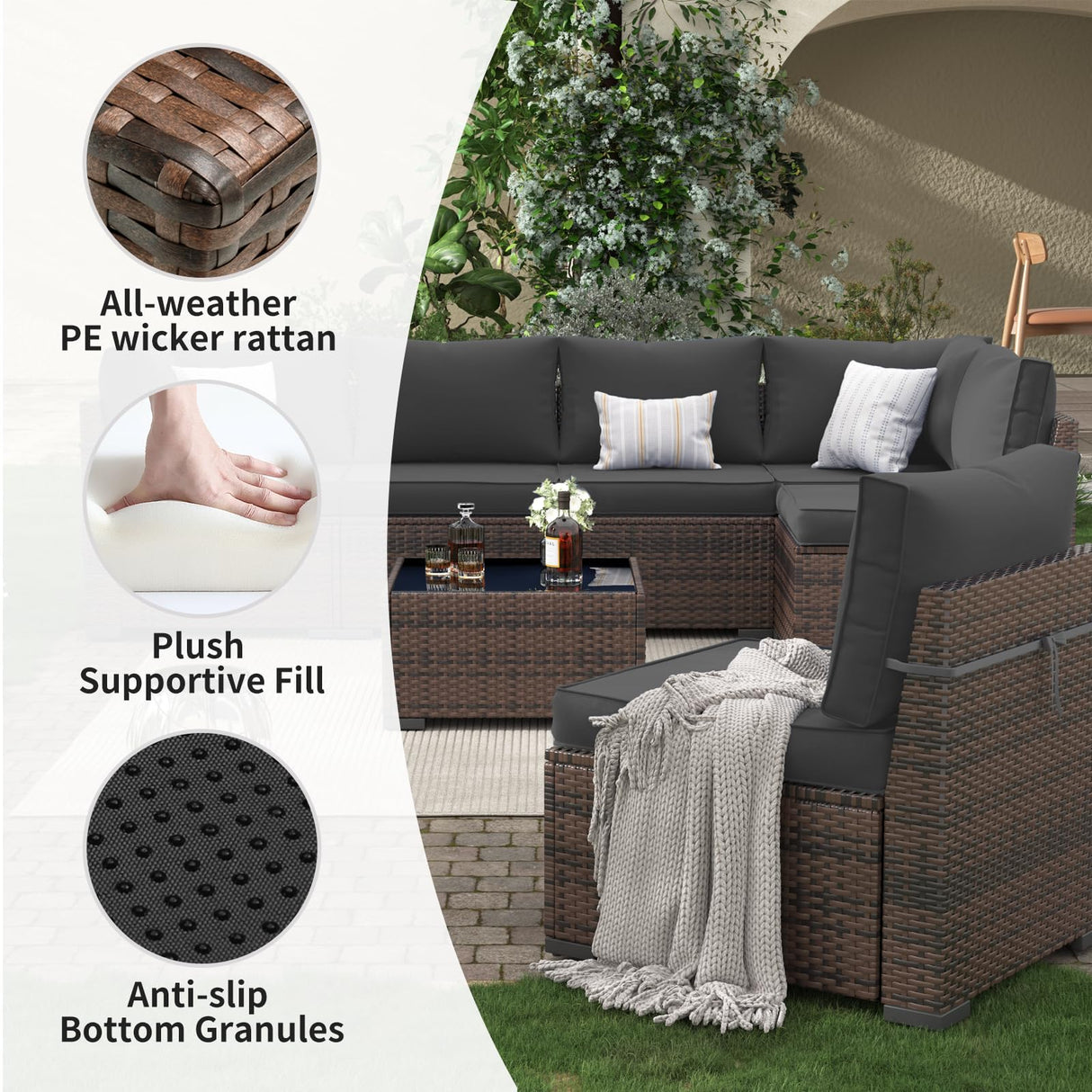 Amopatio 7 Pieces Patio Furniture Set, Outdoor Furniture Sectional Sofa Set with Slanted Back, Patio Couch with Glass Coffee Table for Backyard Dark Grey (1 Waterproof Cover) Amopatio