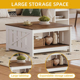 DWVO Farmhouse Coffee Table, Square Coffee Table with Storage, Rustic Wood Cocktail Table, for Living Meeting Room with Half Open Storage Compartment, Brown with White DWVO