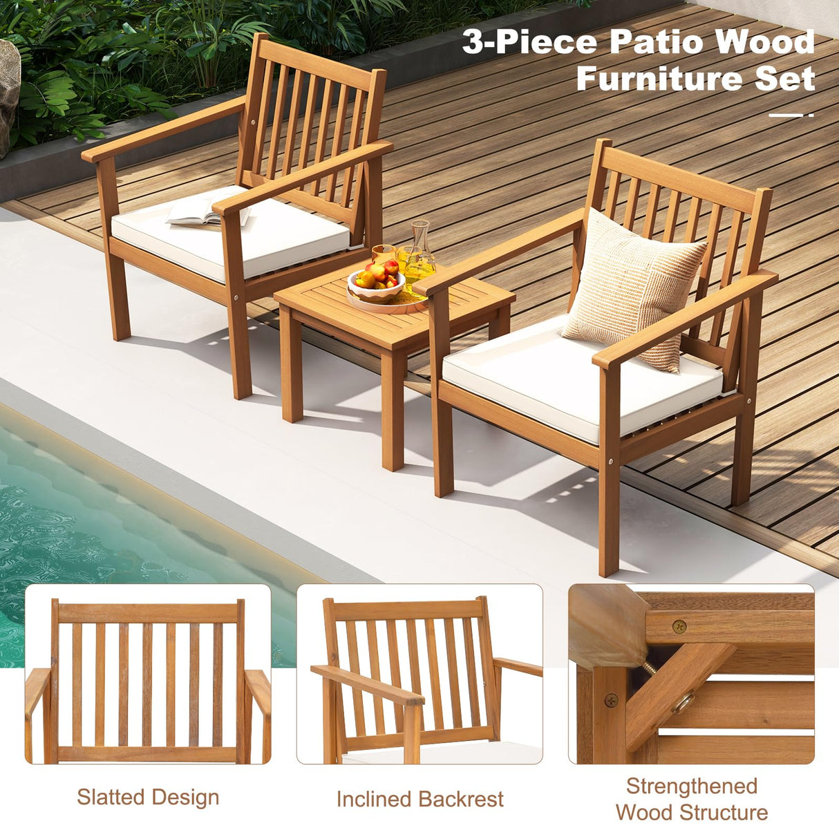 Tangkula 3 Pieces Patio Wood Furniture Set, Acacia Wood Chairs and Coffee Table Set with Soft Cushions, Slatted Design, Outdoor Furniture Set for Porch, Yard, Balcony (White) Tangkula