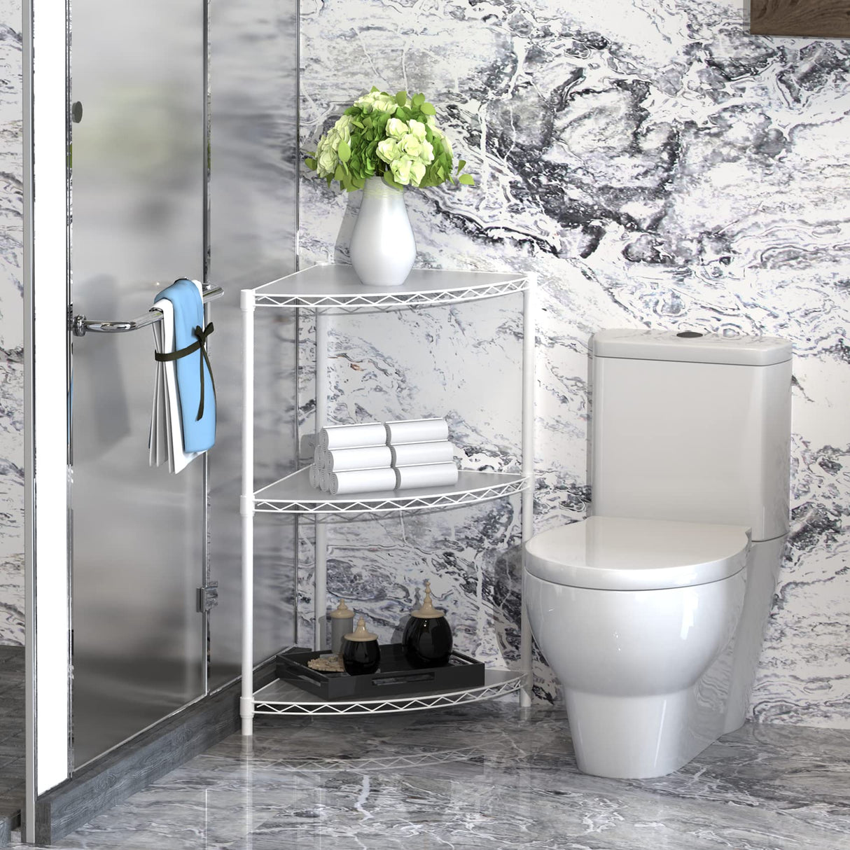 6-Tier NSF Metal Corner Shelf Wire Shelving Unit - 420lbs Capacity, Adjustable, with leveling feet & Shelf Liners - Ideal for Garage, Kitchen, and More - 18" L x 18" D x 72" H - Fan-Shape - White pouseayar