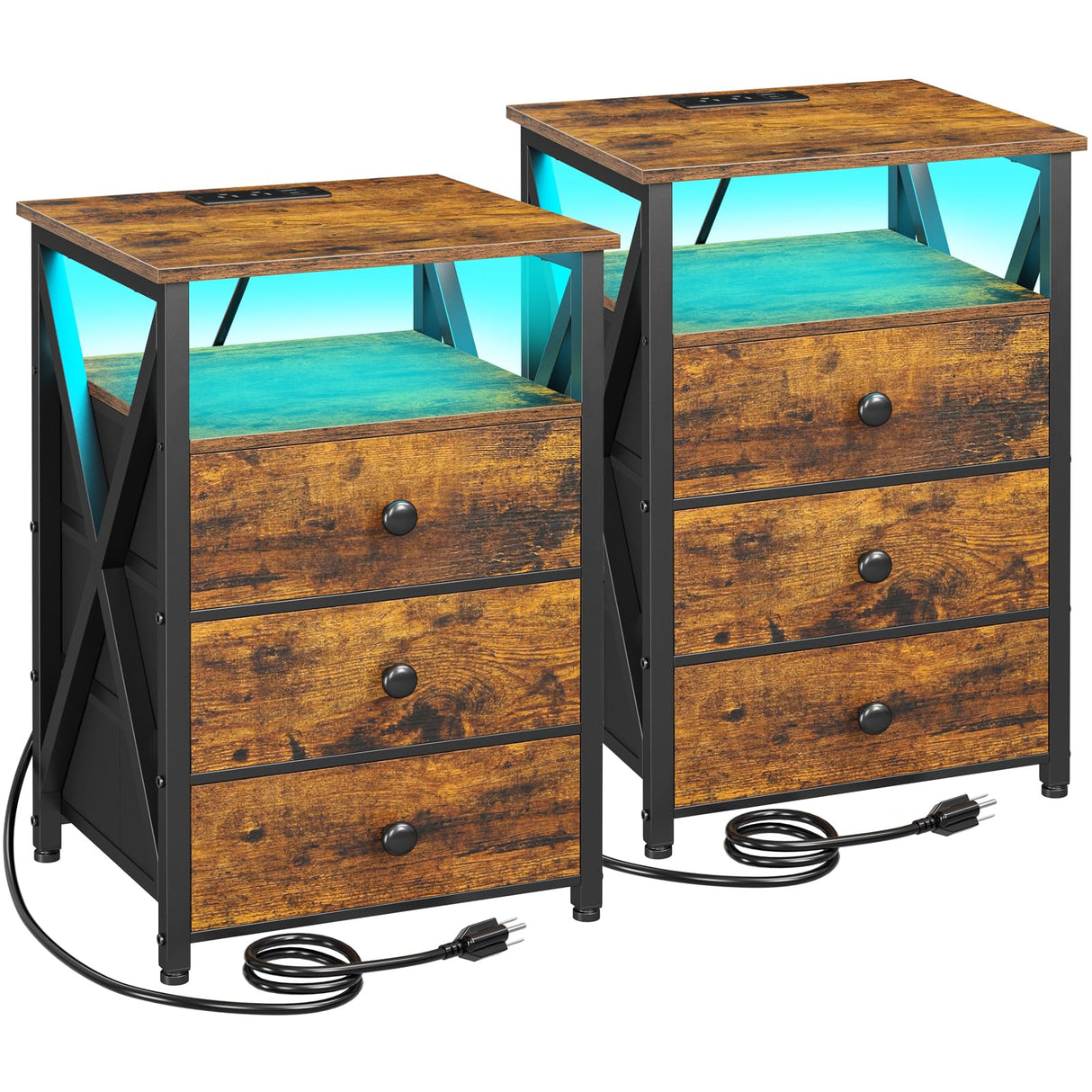 AMHANCIBLE Night Stand Set 2, LED Nightstand with Charging Station, End Side Tables with USB Port & Outlet, Bedside Tables with Fabric Drawers for Bedroom Living Room, Rustic Brown HET053LBR AMHANCIBLE