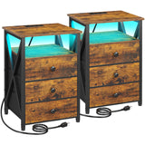 AMHANCIBLE Night Stand Set 2, LED Nightstand with Charging Station, End Side Tables with USB Port & Outlet, Bedside Tables with Fabric Drawers for Bedroom Living Room, Rustic Brown HET053LBR AMHANCIBLE