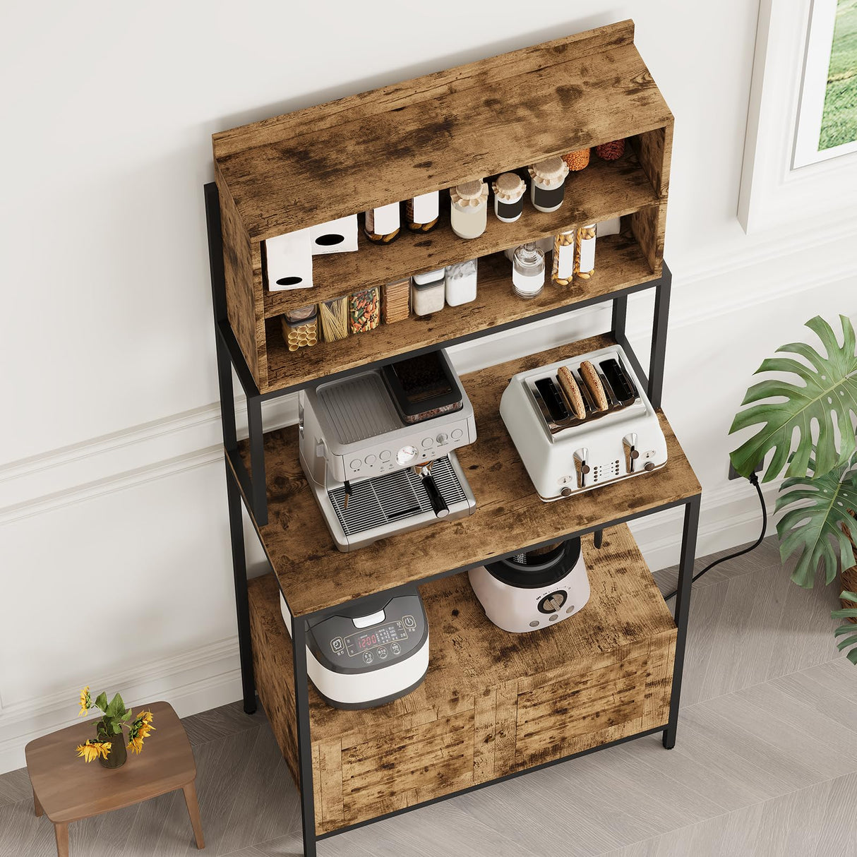 68" Kitchen Bakers Rack with Storage, Freestanding 6-Tier Industrial Coffee Bar Station with Power Outlet, Microwave Stand with Shelves & Cabinet for Pots, Pans, Spices & Kitchen Essentials Mochalight