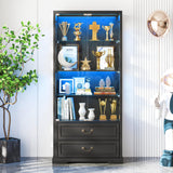 TAGELIER 67" Tall Display Cabinet with Glass Doors and 2 Drawers, Adjustable Glass Height,Curio Cabinet with 3 LED Lights and Human Body Sensor (Black) TAGELIER