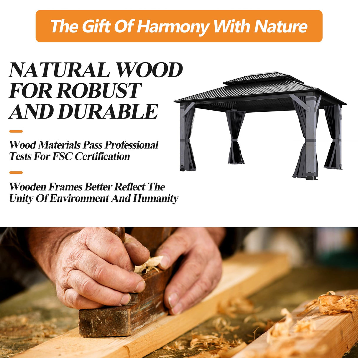 GARTOO 12' x 16' Outdoor Wood Gazebo - Permanent Wooden Hardtop Gazebo Pavilion with Double Curtains, Galvanized Steel Roof Cedar Wood Gazebos for Garden, Lawn, Poolside, Backyard Deck GARTOO