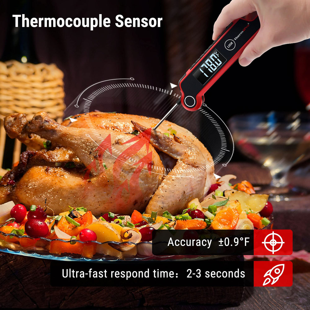 ThermoPro TP620 Instant Read Meat Thermometer Digital, Cooking Thermometer with Large Auto-Rotating LCD Display, Waterproof Food Thermometer Digital for Kitchen, BBQ, or Grill ThermoPro