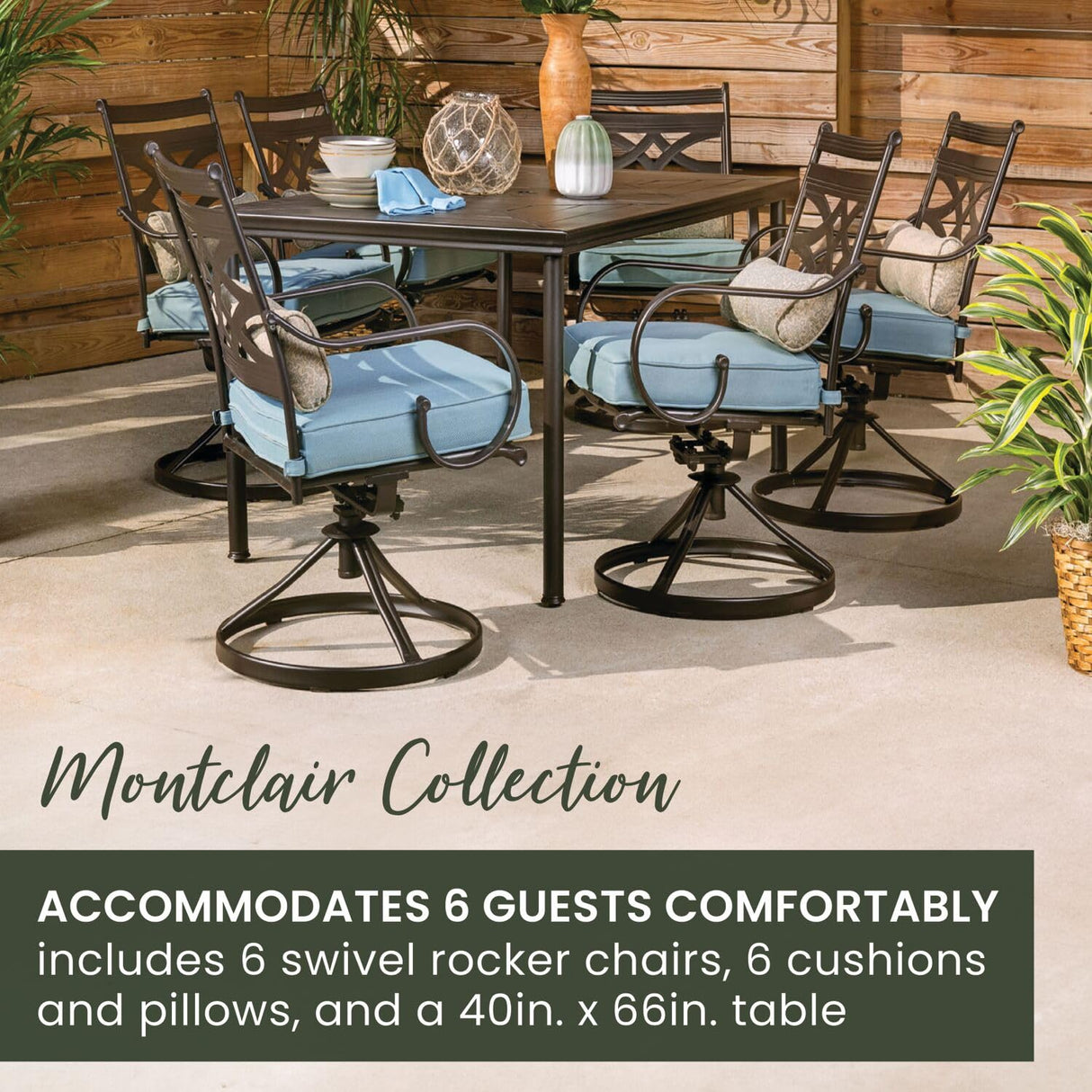Hanover Montclair 7-Piece Outdoor Dining Set with 6 Swivel Rockers, Ocean Blue Cushions and Stamped Steel Rectangular Dining Table, Patio Dining Set for 6, Premium All-Weather Patio Furniture for Deck Hanover