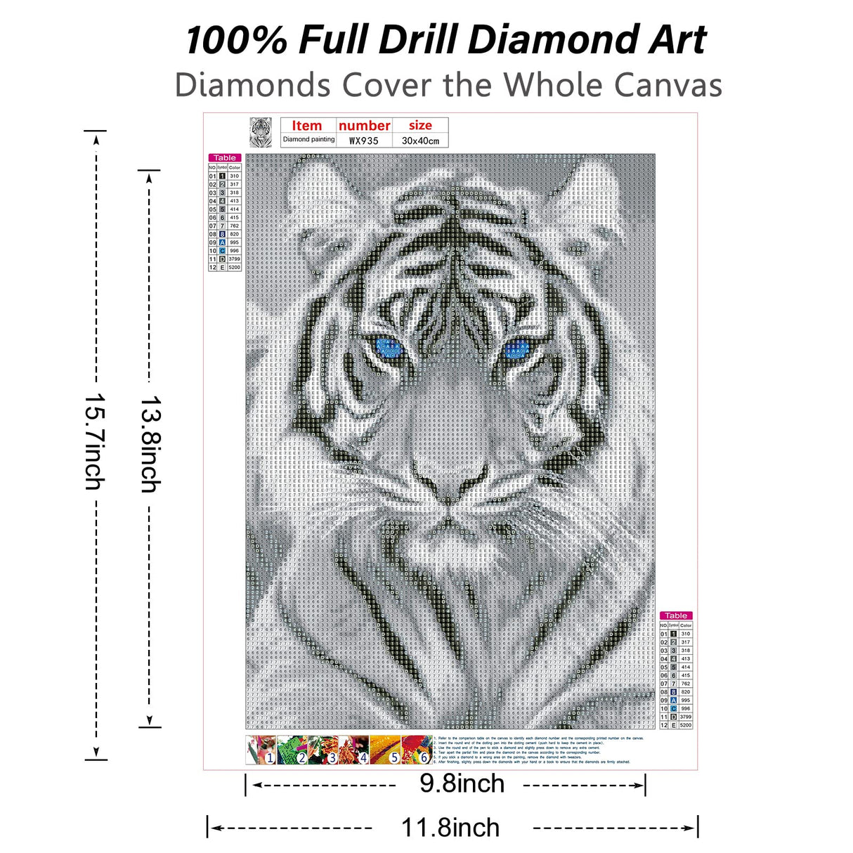 RICUVED Diamond Art Kits for Adults, White Tiger Diamond Art Full 5D Diamond Art Kits Tiger Rhinestone Picture Art Craft for Home Wall Decor 11.8x15.7 Inch RICUVED