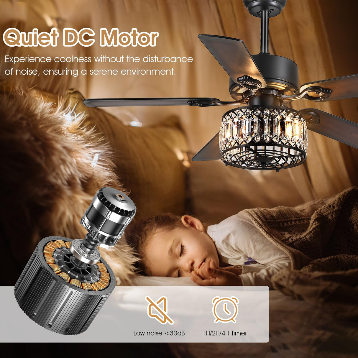 Kviflon Farmhouse Ceiling Fans with Lights and Remote, 48 Inch Indoor Chandelier Ceiling Fan with Light, Crystal Fandelier Ceiling Fans for Living Dining Room Bedroom, Wood Blades, Quiet, Black Kviflon