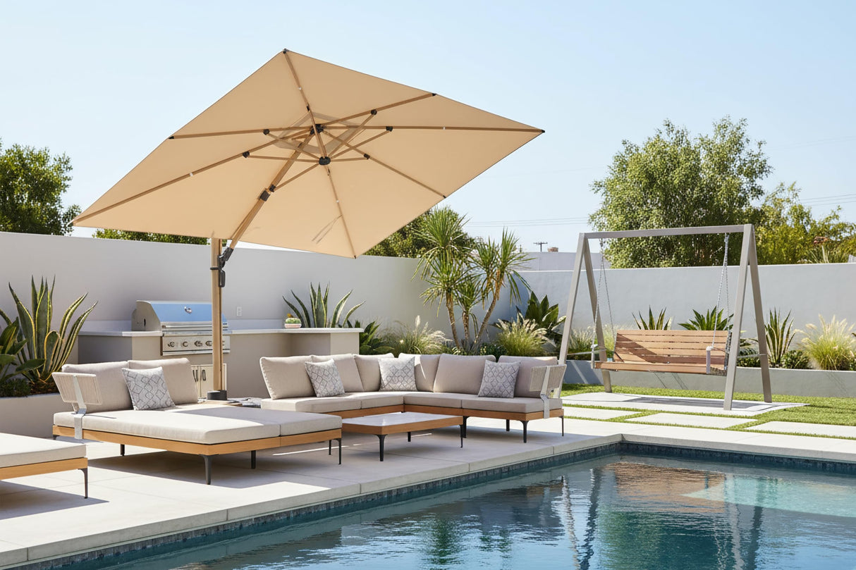 PURPLE LEAF 7 Pieces Patio Furniture Set with 9' X 12' Cantilever Umbrella Daybed Tables Outdoor Wicker Sectional Conversation Sets Modern Aluminum L Shaped Sofa for Balcony Yard Garden Poolside PURPLE LEAF