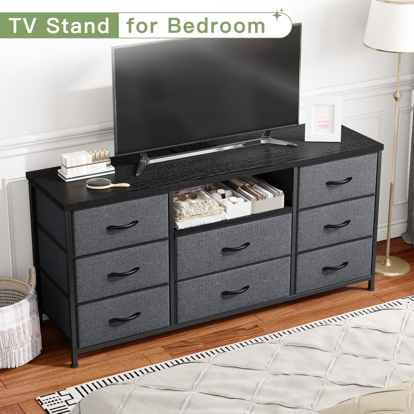 EnHomee Dresser TV Stand with Power Outlet Entertainment Center with 8 Fabric Deep Drawers Media Console Table for 55" TV Wide Storage Drawer Dresser for Bedroom, Living Room, Entryway, Grey