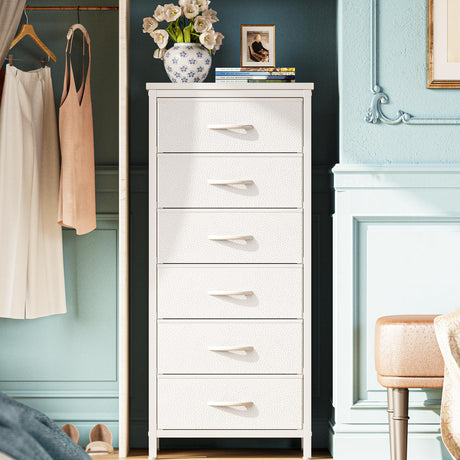 Huuger Tall Dresser for Bedroom, 6 Drawer Dresser & Chests of Drawers, Fabric Dresser for Closet, Bedroom, Night Stand, End Table with Metal Frame, Storage Tower with Fabric Bins, PU Leather, White Huuger