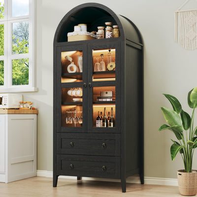 HUAHUU 71" Tall Arched Kitchen Pantry, Arched Cabinet with LED Lights, Kitchen Storage Cabinets with 2 Large Drawers & Adjustable Shelves & Glass Door for Living Room, Dining Room, Black