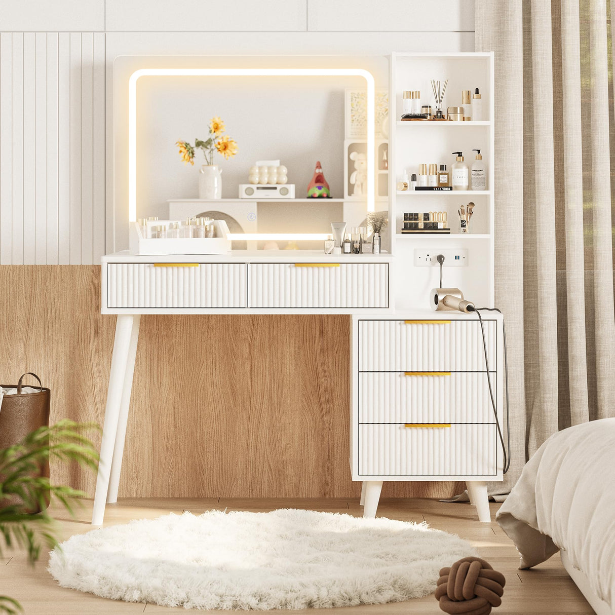 Vanity Desk with Mirror and Lights, Makeup Vanity Desk with Power Outlet, Makeup Desk with 5 Drawers&Storage Shelves, Vanity Table 3 Color Modes Adjustable Brightness Dressing Table Set for Bedroom INNOD