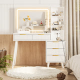 Vanity Desk with Mirror and Lights, Makeup Vanity Desk with Power Outlet, Makeup Desk with 5 Drawers&Storage Shelves, Vanity Table 3 Color Modes Adjustable Brightness Dressing Table Set for Bedroom INNOD