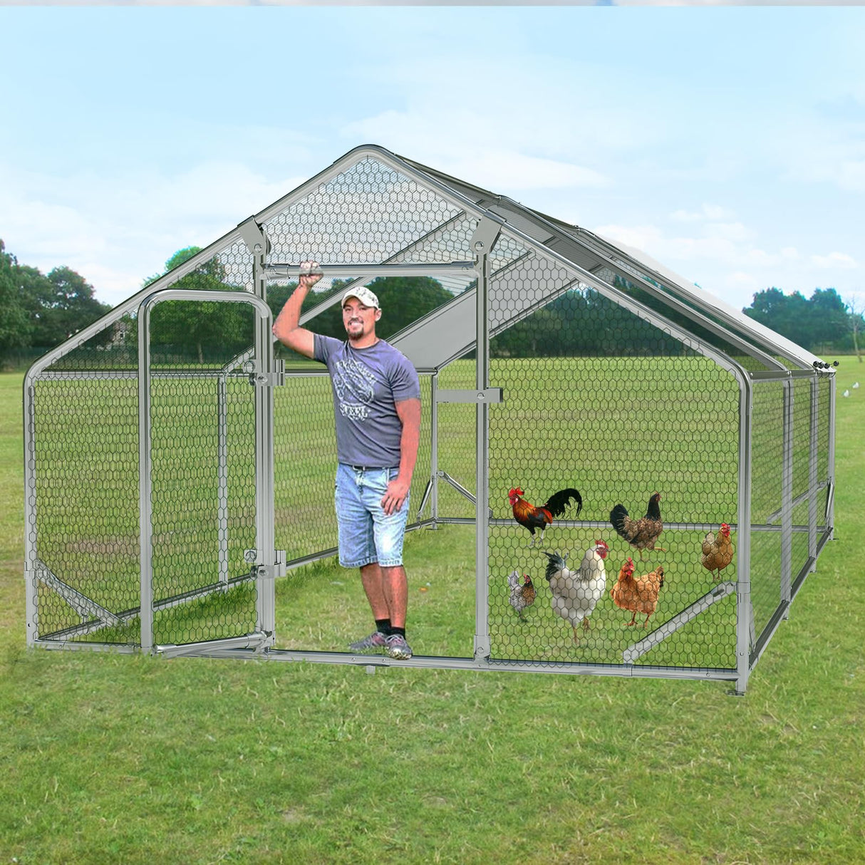 LEMBERI Metal Large Chicken Coop, Spire Shape Walk-in Poultry Chicken Hen cage, Rabbits Duck Cages with Waterproof and Anti-Ultraviolet Cover for Outside,Backyard and Farm LEMBERI