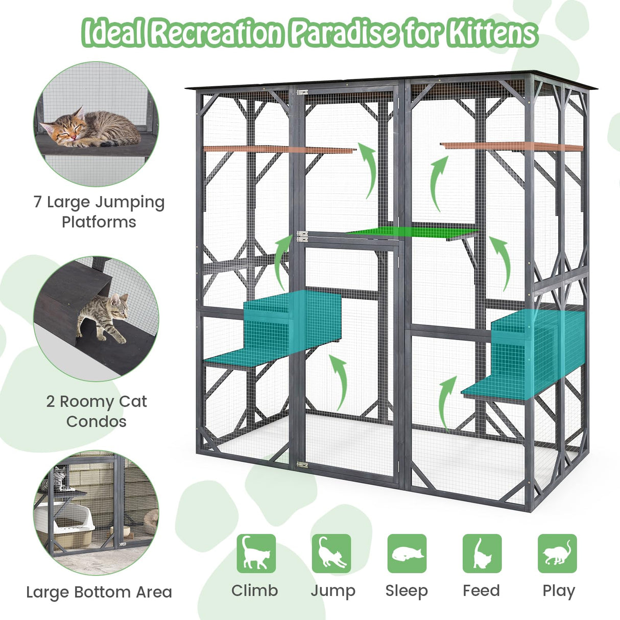 Tangkula Catio Outdoor Cat Enclosure Large, 71 Inch Outdoor Cat House Weatherproof with Asphalt Roof, Wooden Cat Cage Playpen with 7 Jumping Platforms & 2 Resting Boxes, Walk-in Cat Kennel Condo Tangkula
