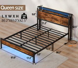 Furnulem Rustic Queen Platform Bed Frame with RGB LED Lights & Integrated Storage Headboard Furnulem