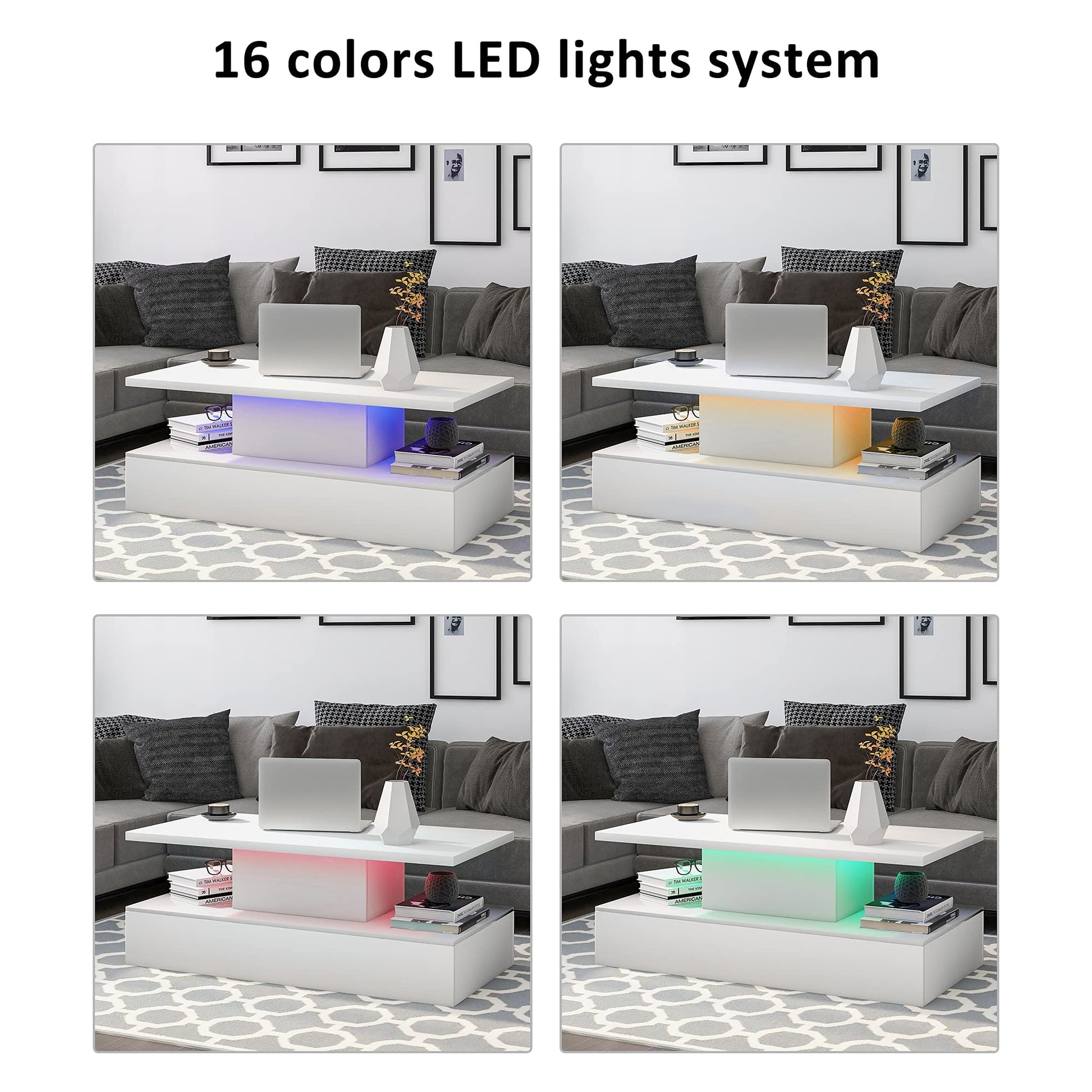 Merax 47.2'' 2-Tier LED Light White Coffee Table, Modern Industrial Design Cocktail Table with 16-color LED lighting and a remote control for Livingroom - WoodArtSupply