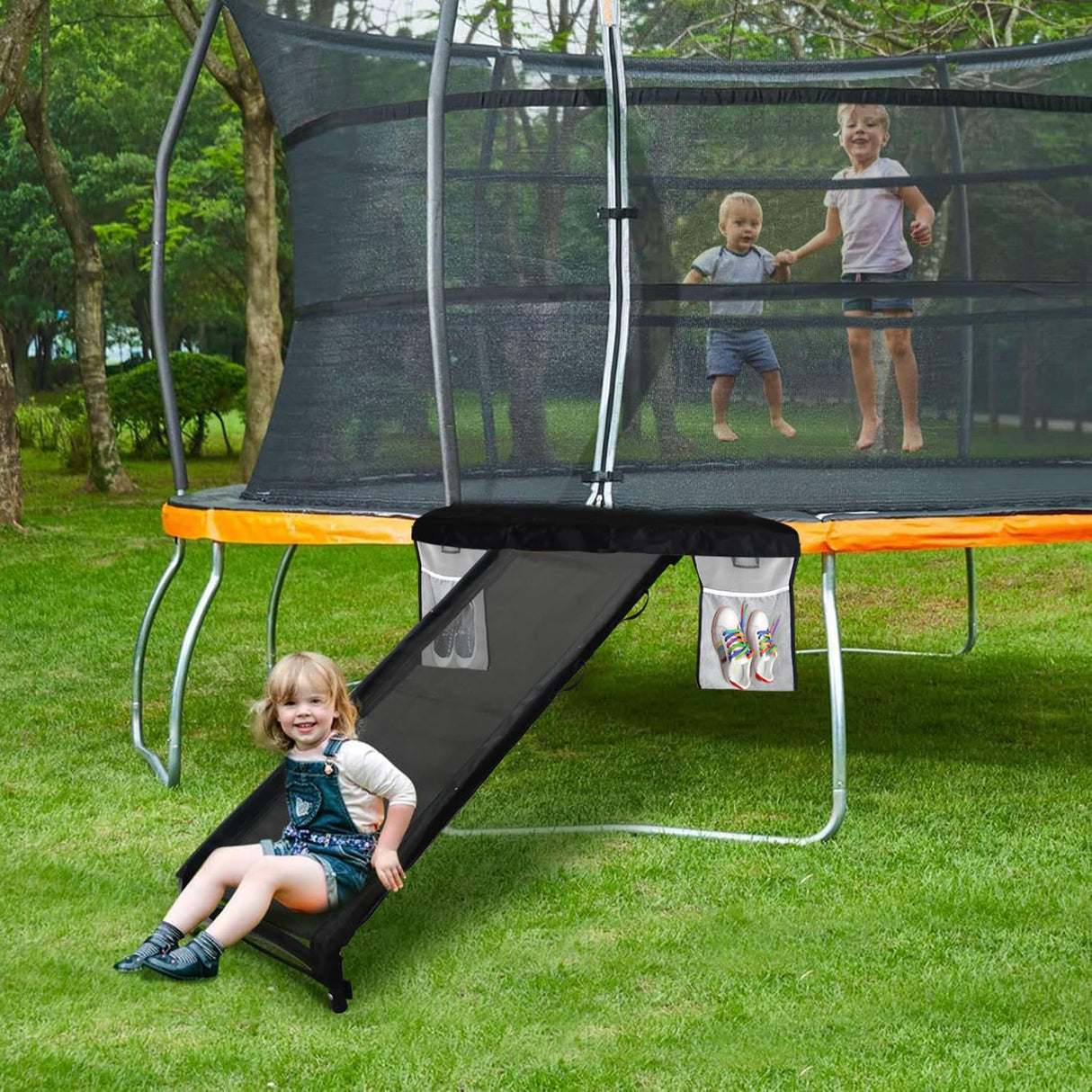 Eurmax USA Universal Easy-to-Assemble Trampoline Slide Ladder, Heavy Duty Steel Trampoline Accessory Slide for Kids Climb Up&Slide Down/Black with Shoes Pocket Eurmax