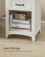 VASAGLE Farmhouse Nightstand with Charging Station, Bedside Table with Drawer, Open Compartment, Side Table with Storage, for Bedroom, Rustic White VASAGLE