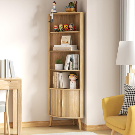 Limaoaio 5-Tier Corner Shelf, 66.73''Tall Modern Corner Bookshelf, 5 Shelf Bookcase with 2 Fluted Doors, Freestanding Wood Corner Display Storage Shelf Organizer for Living Room, Office (Wood Color) Limaoaio