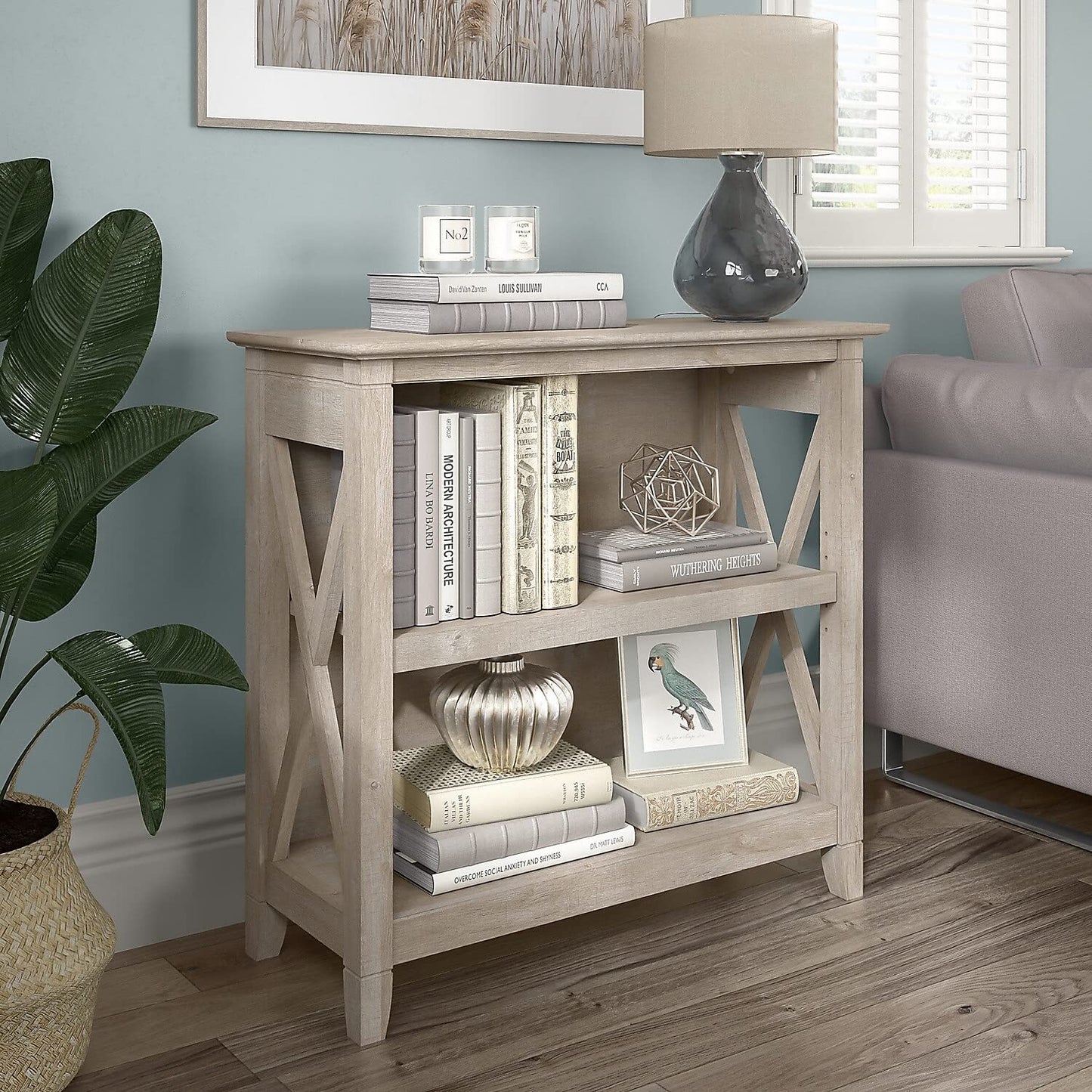 Bush Business Furniture Key West Compact 2 Shelf Bookcase in Washed Gray - WoodArtSupply