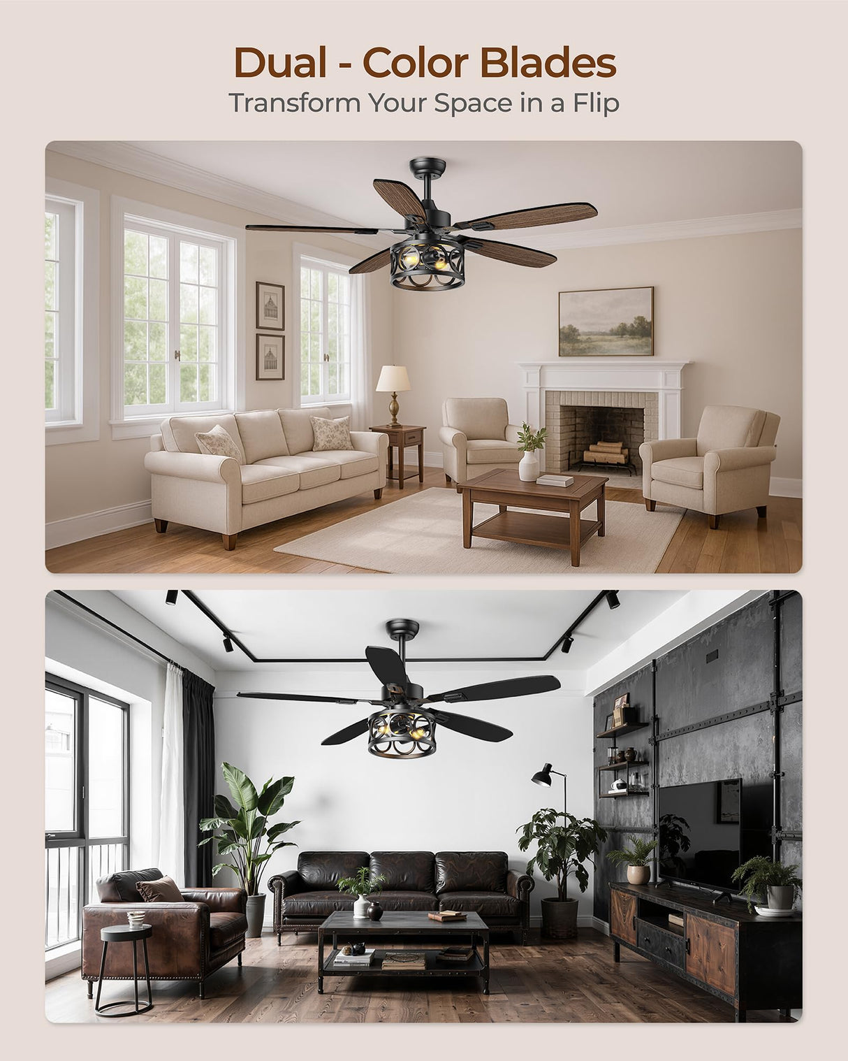 Ceiling Fans with Lights and Remote, 52'' Vintage Caged Ceiling Fan with Light, 5 Blades, 6+1 Speed, Flush Mount Ceiling Fan Whisper-quiet for Farmhouse, Living Room, Kitchen and Porch (52 Inch) BLNAN