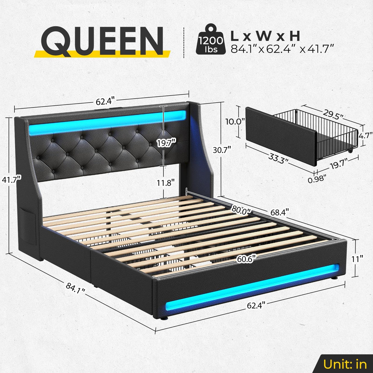 Rolanstar Queen Bed Frame with LED Lights and Charging Station, PU Leather Bed with Drawers, Wooden Slats, Noise Free, Easy Assembly, Black Rolanstar