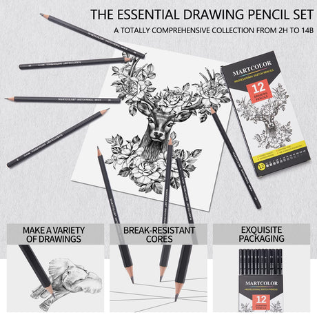 MARTCOLOR Drawing Sketching Pencils Set, 12 Pack Graphite Pencils(14B - 2H), Ideal for Drawing Art, Sketching, Shading, Artist Pencils for Beginners & Pro Artists MARTCOLOR
