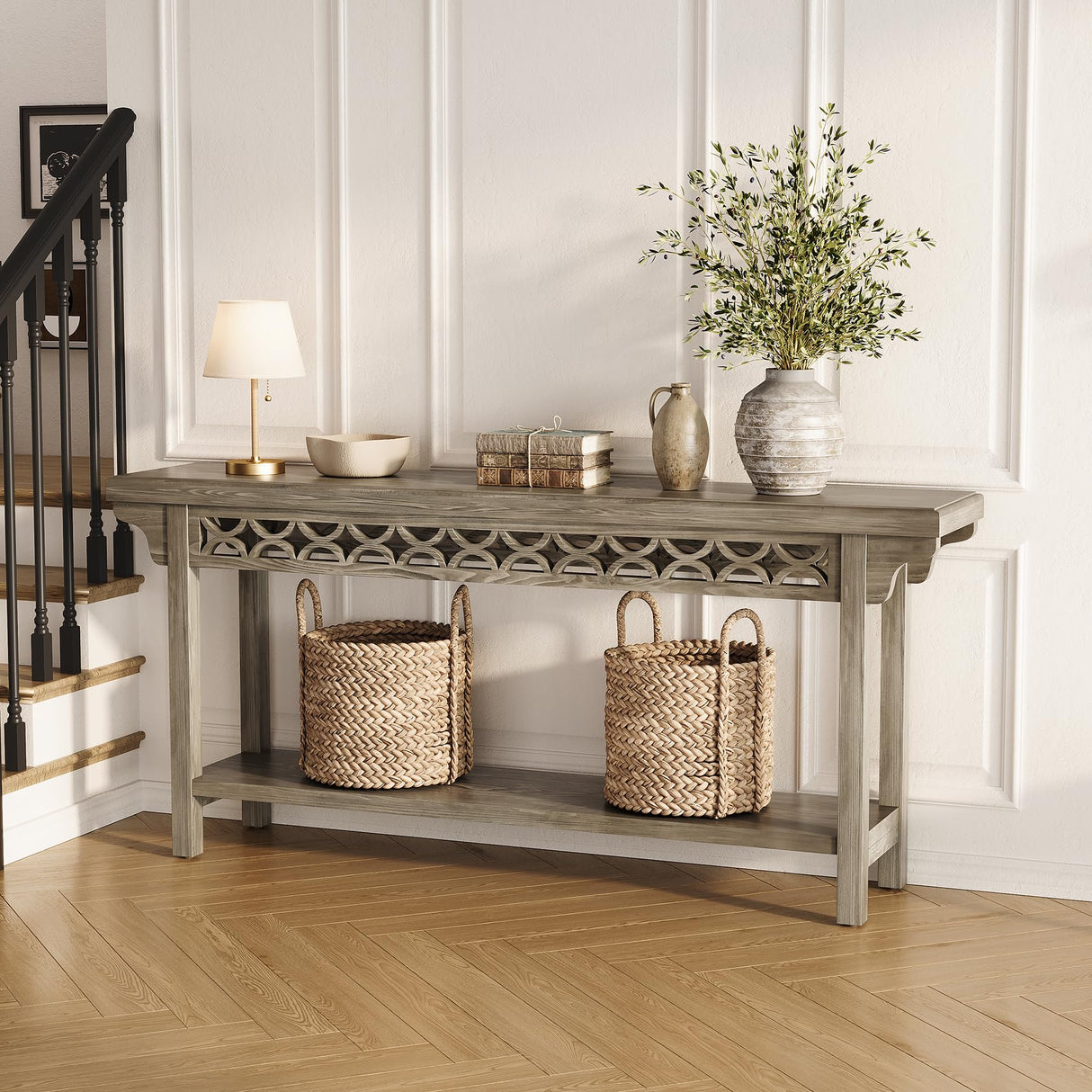 LITTLE TREE 70.87-Inch Long Console, Solid Wood Farmhouse Narrow Entryway Table with Shelf, Rustic Sofa Table for Living Room, Hallway, Grey LITTLE TREE