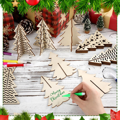 Blosssound 48 Pcs Christmas Craft Set 36 Wood Tree Crafts 3D Christmas Tree Cutouts with 12 Colored Markers Wooden Unfinished Slices to Paint for Xmas Winter DIY Handmade Tiered Tray Decor Blosssound