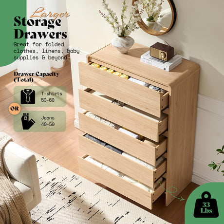 AMERLIFE 5 Drawer Dresser for Bedroom, 48" Tall Modern Chest of Storage Drawers with Rounded Corners, Anti-Tip Kit, Wood Cabinet Organizer for Closet, Living Room, Nursery, Easy Assembly, Light Oak AMERLIFE