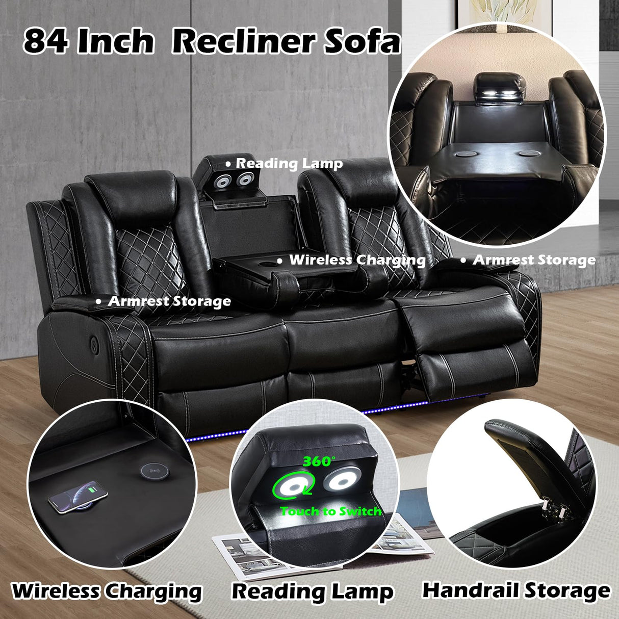 SIENWIEY Power Recliner Sofa Set for Living Room Furniture Sets，Leather Reclining Couch Set with LED Lights，Recliner Leather Sofa and Loveseat with Storage/Cup Holders/Charging Port，Black SIENWIEY